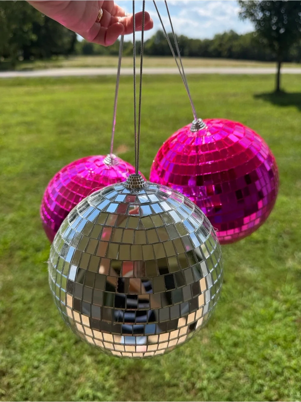 Pink Mirrored Disco Ball Hanging Party Decor - Set of 3